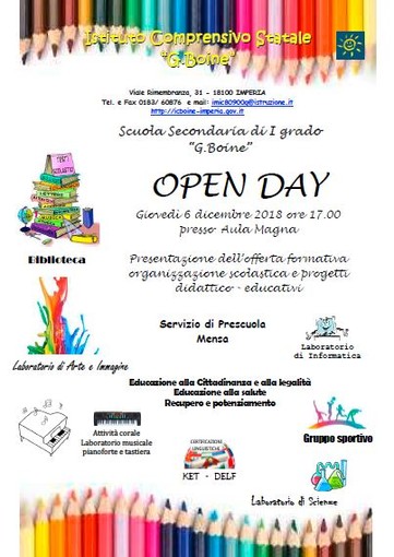 Imperia: giovedì 6 dicembre, 'Open Day' all'Istituto Comprensivo 'G. Boine'