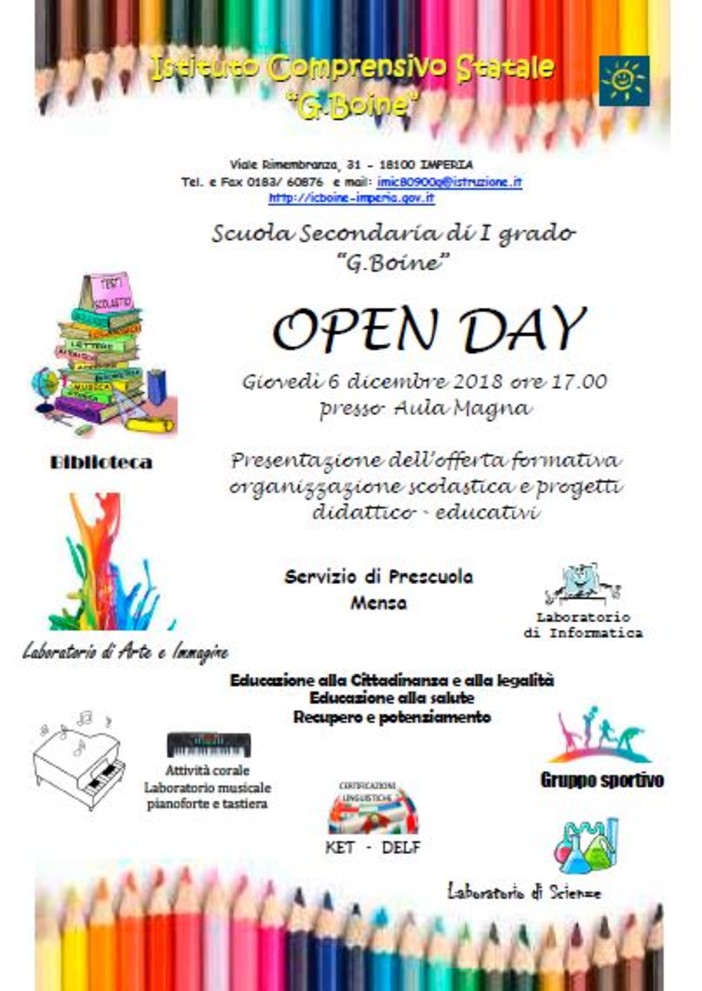 Imperia: giovedì 6 dicembre, 'Open Day' all'Istituto Comprensivo 'G. Boine'