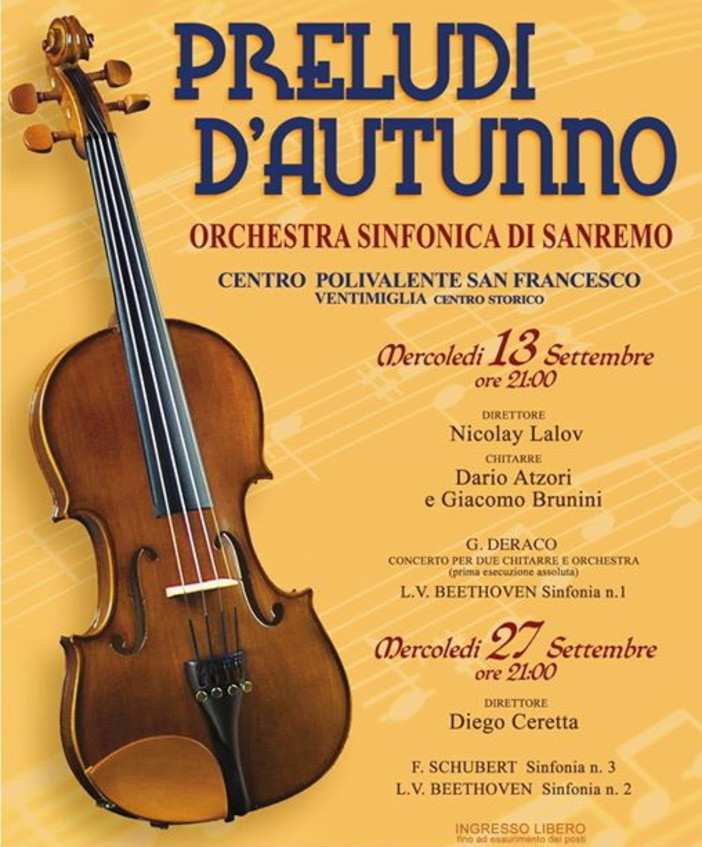 Preludi d'Autunno a Ventimiglia: mercoledì 13 e 27 settembre i concerti dell'Orchestra Sinfonica di Sanremo a San Francesco