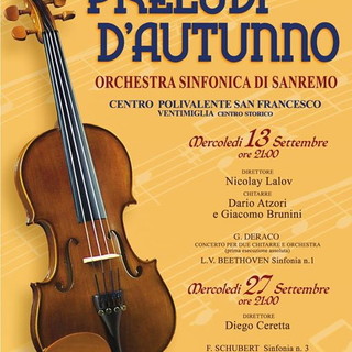 Preludi d'Autunno a Ventimiglia: mercoledì 13 e 27 settembre i concerti dell'Orchestra Sinfonica di Sanremo a San Francesco