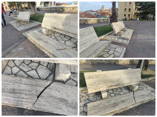 Imperia, panchina di marmo distrutta dai vandali ai giardini di piazza Roma a Porto Maurizio (foto)