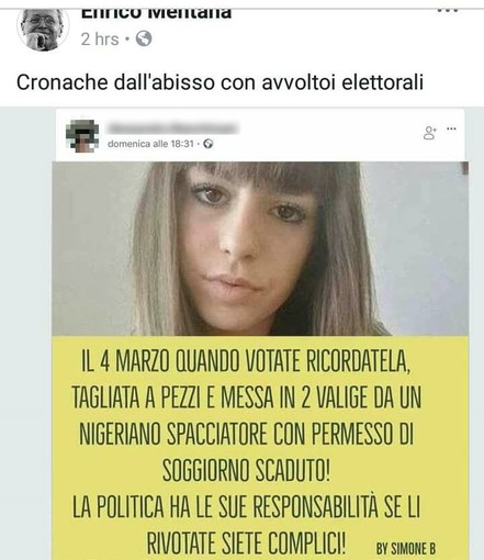 Imperia: post shock di un'imperiese sulla morte di Pamela Mastropietro. Interviene il direttore del tg La7 Enrico Mentana: &quot;Avvoltoio elettorale&quot;