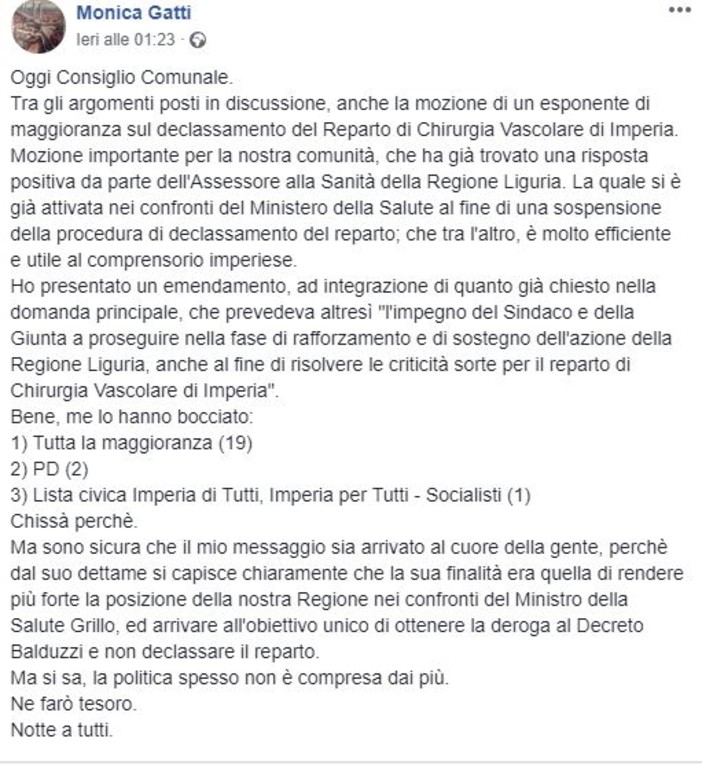 Imperia: declassamento di chirurgia vascolare. Monica Gatti interviene sull'emendamento presentato in Consiglio Comunale &quot;Chiedevo un impegno del Sindaco. Me l'hanno bocciato, chissà perché?&quot;