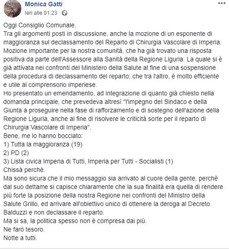 Imperia: declassamento di chirurgia vascolare. Monica Gatti interviene sull'emendamento presentato in Consiglio Comunale &quot;Chiedevo un impegno del Sindaco. Me l'hanno bocciato, chissà perché?&quot;