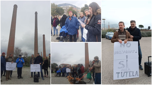 Imperia, contestato l’abbattimento della ciminiera per far posto a un centro commerciale (foto)