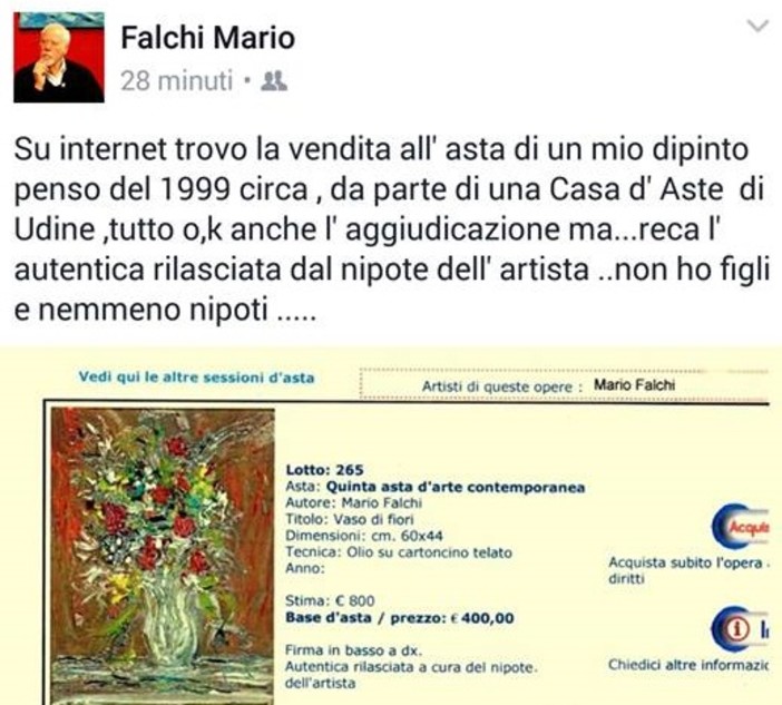 Diano Marina. Casa d'aste mette in vendita un quadro di Mario Falchi &quot;Con l'autentica del nipote&quot; che in realtà l'artista non ha