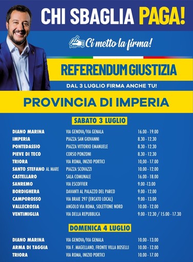 Dalla costa all'entroterra domani in provincia di Imperia scatta la campagna referendaria della Lega sulla giustizia