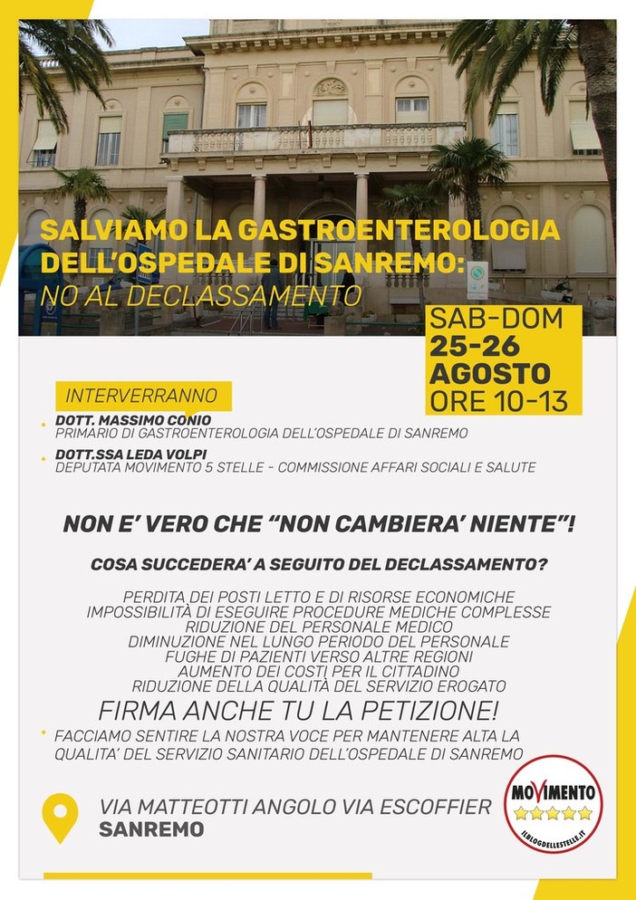 Sanremo: nel weekend una raccolta firme del M5S contro il declassamento di gastroenterologia