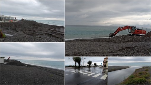 Vallecrosia si prepara alla mareggiata: barriere di terra e pietre a difesa degli stabilimenti balneari (Foto e video)