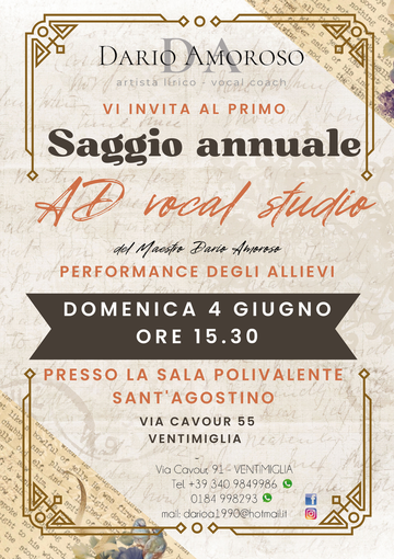 Ventimiglia: saggio annuale gli allievi dei corsi di canto e pianoforte dell'AD Vocal Studio del Maestro Dario Amoroso