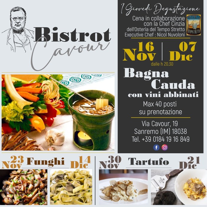 Sanremo: al via le serate a tema del Bistrot Cavour: Bagna Cauda, Funghi e Tartufi in tavola.