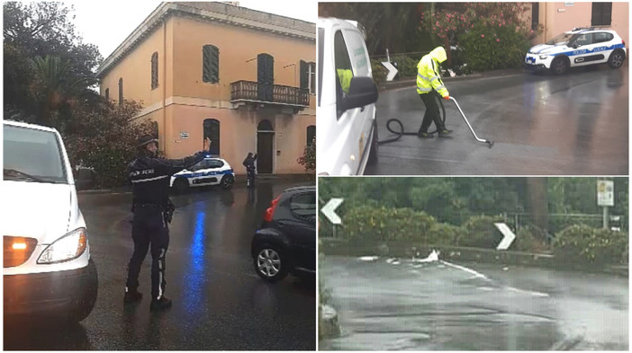 Sanremo: mix di vernice e pioggia rendono la strada pericolosa, intervento della Polizia Locale