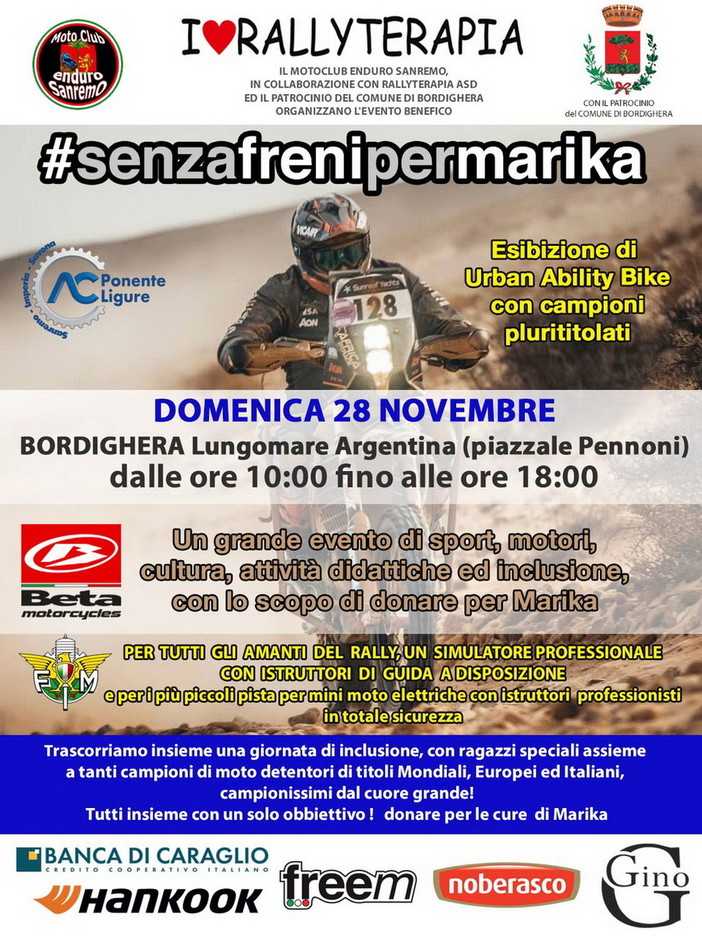 Bordighera: domenica prossima, grande evento di beneficenza ‘Senza Freni per Marika’