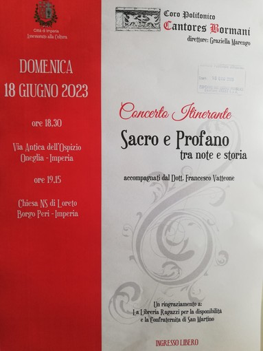 Imperia:  ‘Sacro e profano - Tra note e Storia’, due concerti itineranti oggi pomeriggio