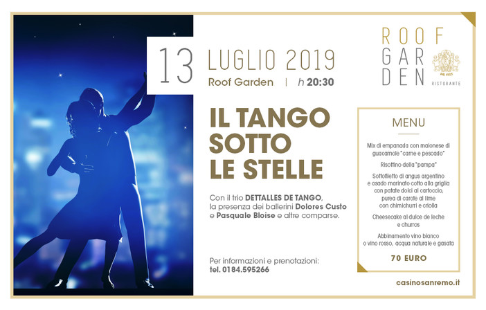 Sanremo: 'Tango sotto le stelle', sabato al Roof Garden del Casinò un mix tra danza, musica e cucina