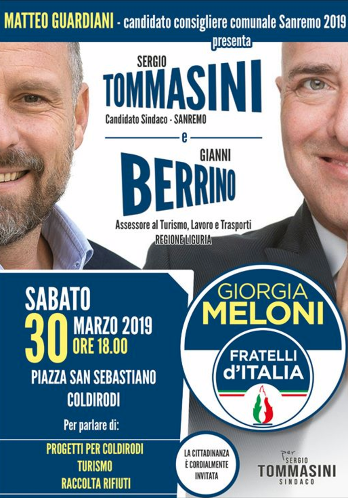 Sanremo: elezioni, a Coldirodi l'incontro con il candidato sindaco Sergio Tommasini e l'assessore regionale Gianni Berrino