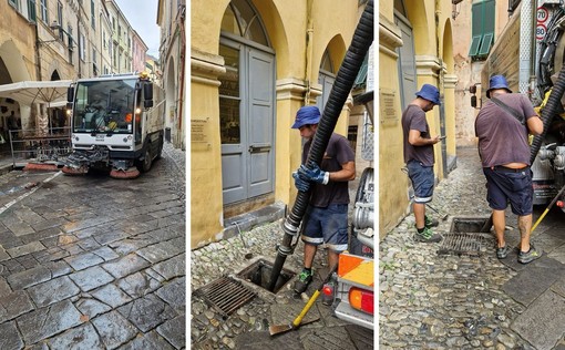 Taggia: operai comunali al lavoro per svuotare i tombini e ripulire le strade dopo il temporale (Foto)