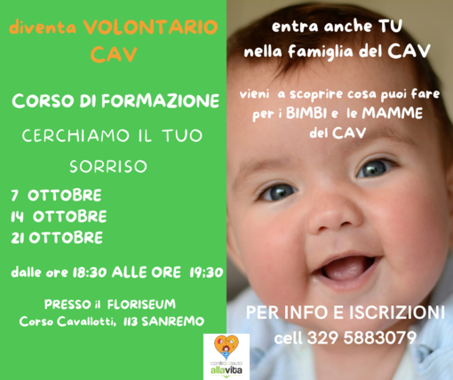 Sanremo, al via il 7 ottobre il corso volontari Cav: &quot;dona il tuo tempo ai bimbi e alle loro mamme&quot;