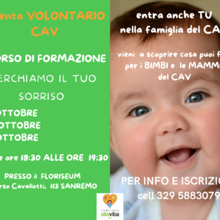 Sanremo, al via il 7 ottobre il corso volontari Cav: &quot;dona il tuo tempo ai bimbi e alle loro mamme&quot;