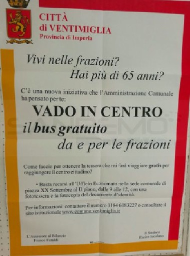 Ventimiglia: sabato prossimo l'inizio del progetto 'Vado in Centro' per tutti i residenti delle frazioni con più di 65 anni