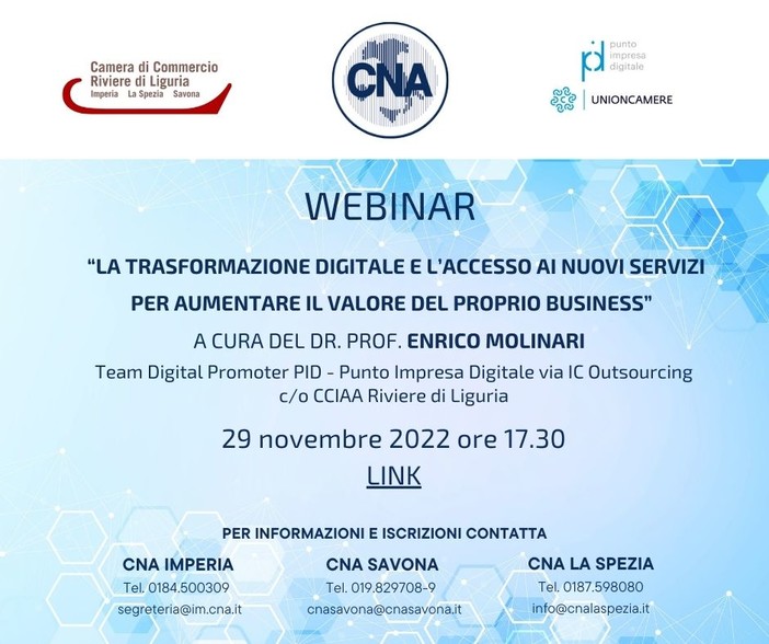 &quot;La trasformazione digitale e l'accesso ai nuovi servizi per aumentare il valore del proprio business”, webinar di Cna